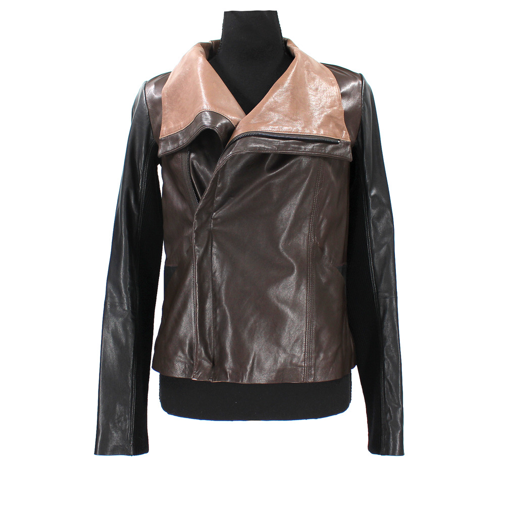 Vince Colorblock Leather Jacket Brown Black Dual Zip Long Sleeve Collared XS